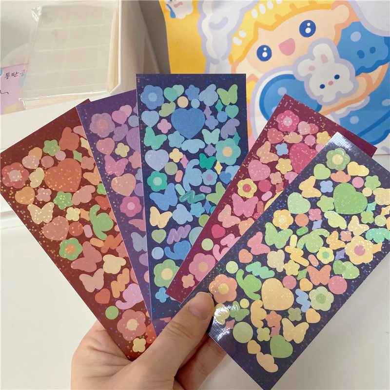 

Colourful Flower Love Butterfly Cute Stickers Korean Ins Children DIY Laser Paster Stationery Photo Kawaii Decorative Sticker
