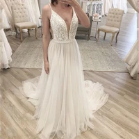 beach wedding dresses 2022 deep v neck lace beaded crystal appliques bridal gowns a line spaghetti straps vestidoe de noiva