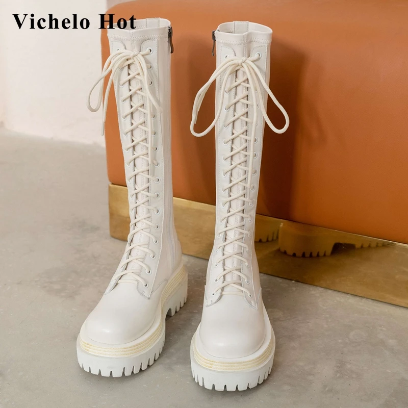 

Vichelo Hot 2021 new arrival cow leather round toe thick bottom platform cross-tied stretch boots fashion knee-high boots L80