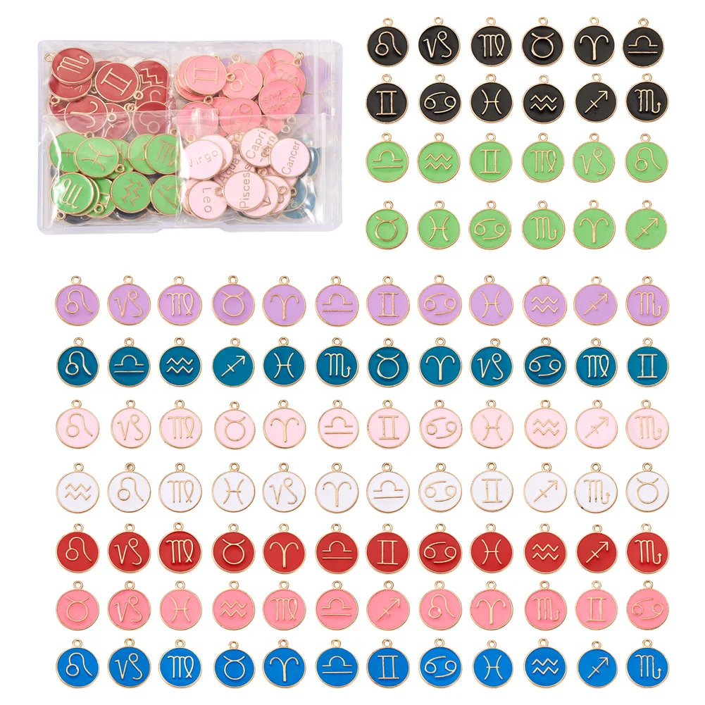

108pcs/Box Zodiac Round Enamel 12 Constellation Charm Pendant 22x18mm Double Sided for Bracelet Earring Necklace Jewelry Making