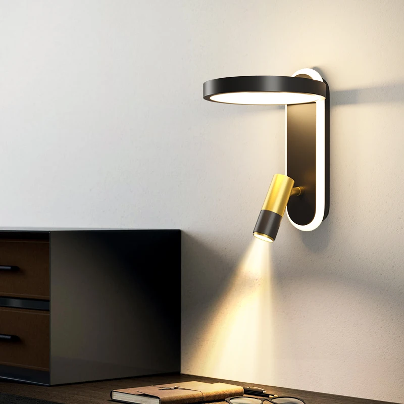 FSS Nordic Black LED Wall Lamp With Spotlight Wall Lamp Adjustable Angle Study room Living Room Bedroom Bedside Wall Lamp