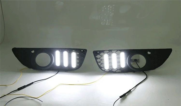 eOsuns led drl daytime running light +fog lamp for Mitsubishi Lancer-ex 2010-2012 with yellow turn signals and blue night |