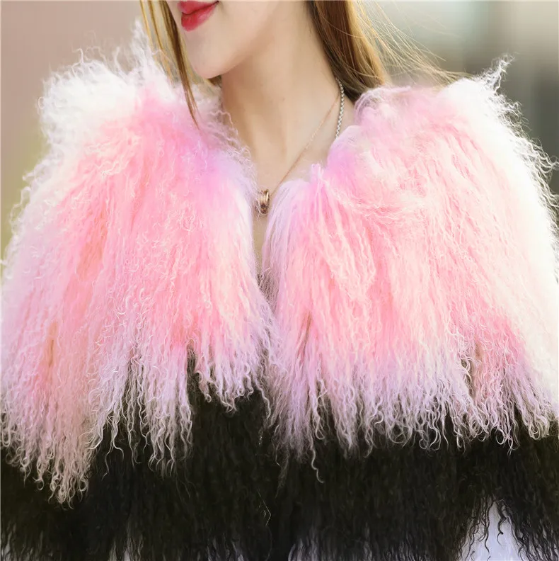 

Genuine Mongolia Women full New pelt Sheep Jacket Fur Color collision coat customized plus Size F49