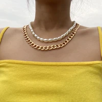 2pcs punk steam gothic chain double layer imitation color imitation pearl thick chain necklace women fashion girl party jewelry