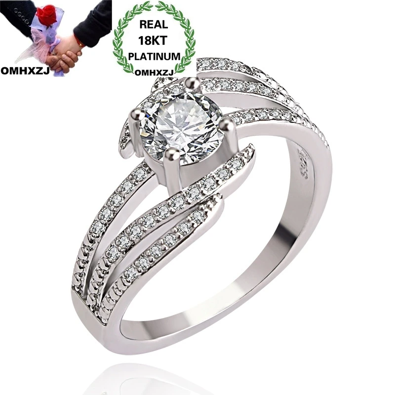 

OMHXZJ Wholesale European Fashion Woman Girl Party Birthday Wedding Gift Luxury Geometric AAA Zircon 18KT White Gold Ring RR890