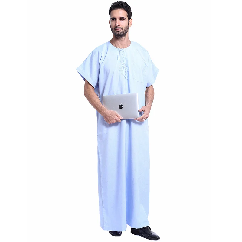 Fashion Muslim Saudi Arabia Embroidery Short Sleeve Men's Robe Large Size Islamic Clothing Ramadan Mosque Prayer Long Skirt