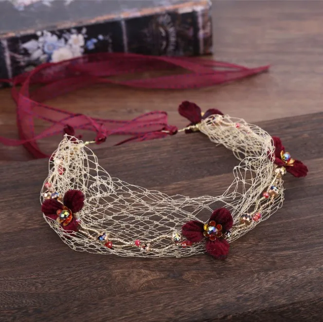 Повязка для волос женская детский обруч с цветами винного цвета свадебные