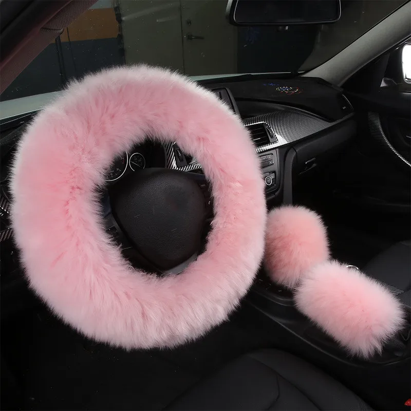 3PCS Fur Steering Wheel Cover high quality Wool Real Sheepskin Auto Plush Warm Fluffy Fuzzy Car Accessories for Women Girl