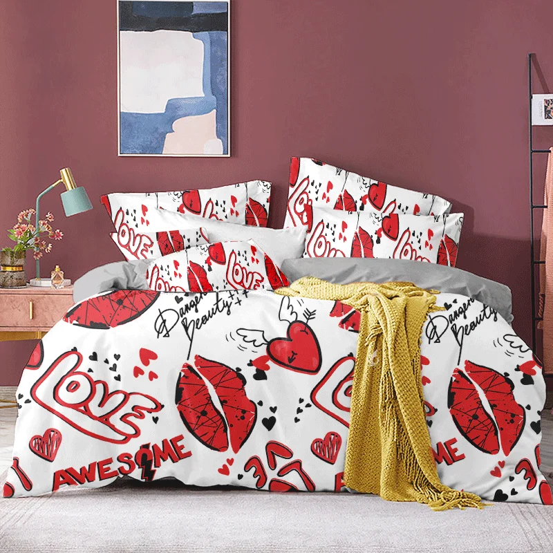 3D Bedding Set Red Heart Kiss Lips Mouth Print Duvet Cover With Pillowcase Polyester Bed Home Textiles For Adults |