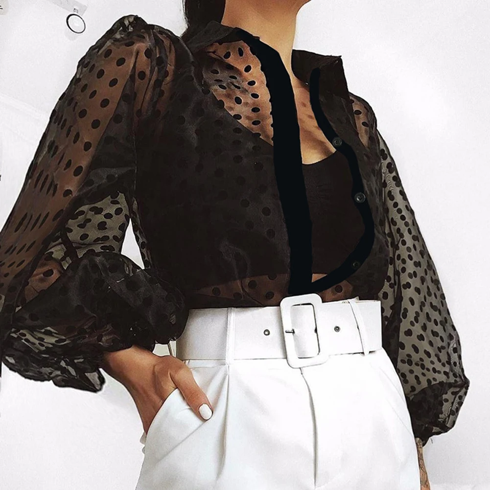 

Women Spring Mesh Puff Shirt Long Sleeve Knitted Ribbed Loose Casual Polka Dots Blouse Blouses Elegant High Neck Party Clothes