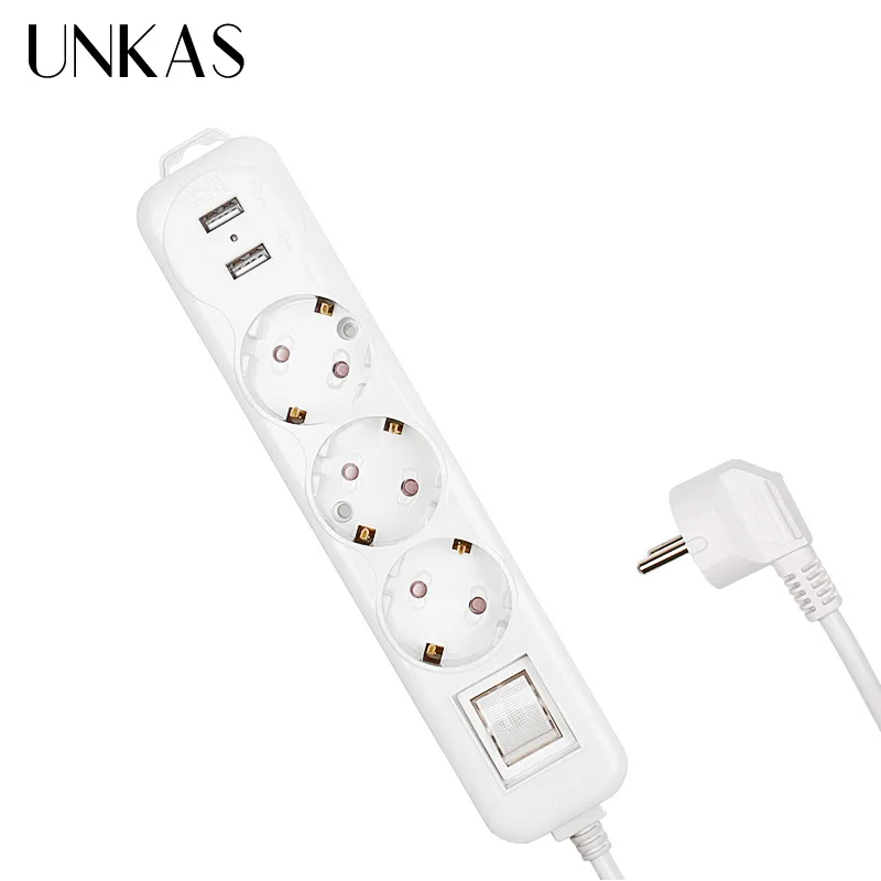 UNKAS Power Strip Dual USB Charge Port 3 AC EU Outlet Socket Extension Plug Button Surge Protector 2M Pure Copper Wire | Обустройство