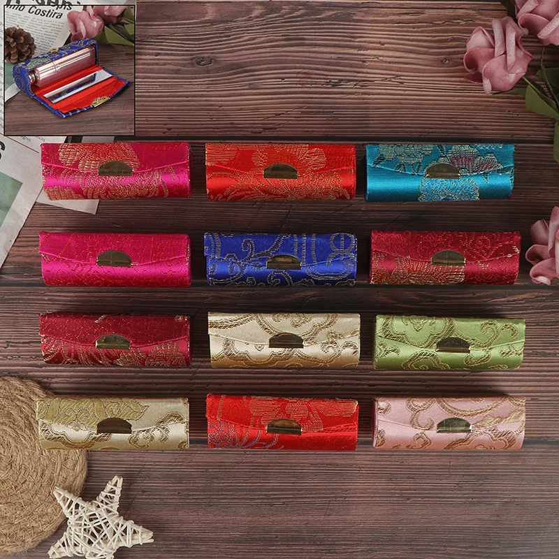 Чехол для женской помады в стиле ретро с вышитыми цветами и зеркальной упаковкой