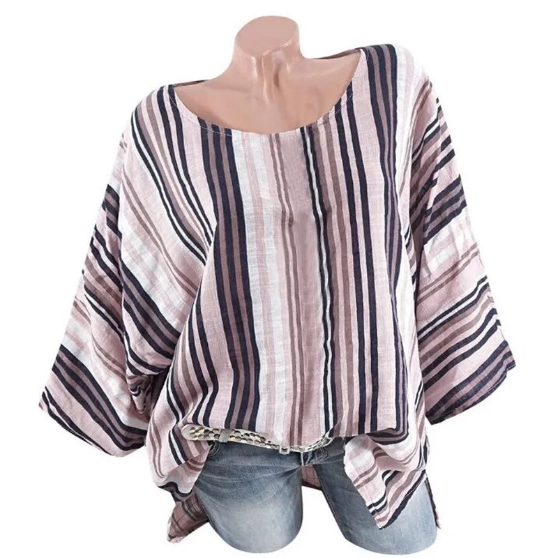 Женские летние хлопковые блузки 2019 размера плюс в тонкую полоску блузы рубашки