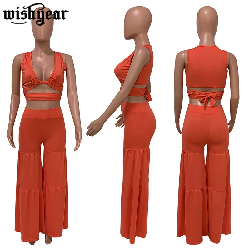 

Sexy Women Two Piece Set Drawstring Spaghetti Strap Top + Long Wide Pants Solid Color Streetwear Summer Clothes For Women Outfit