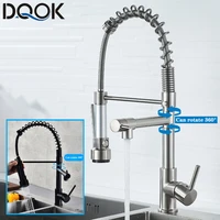 dqok black brushed spring pull down kitchen sink faucet hot cold water mixer crane tap with dual spout deck mounted