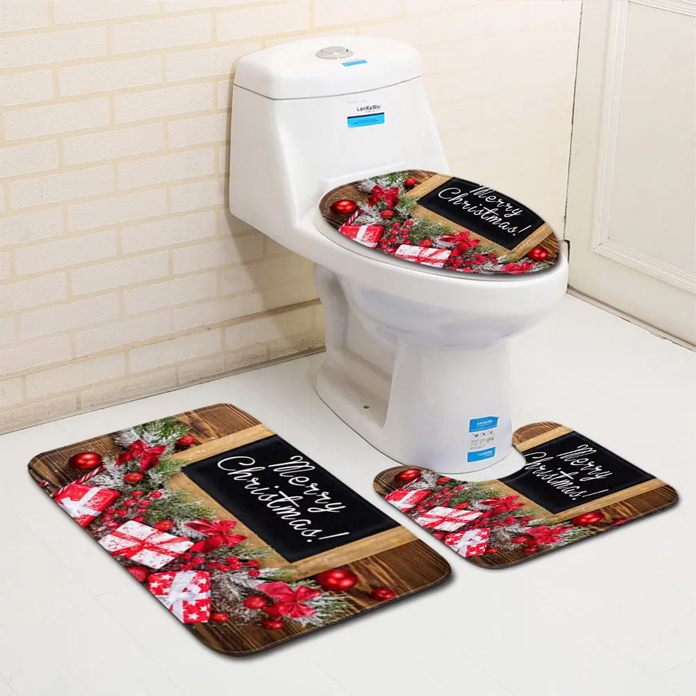 Набор рождественских ковриков для ванной 3 шт. нескользящий коврик туалета