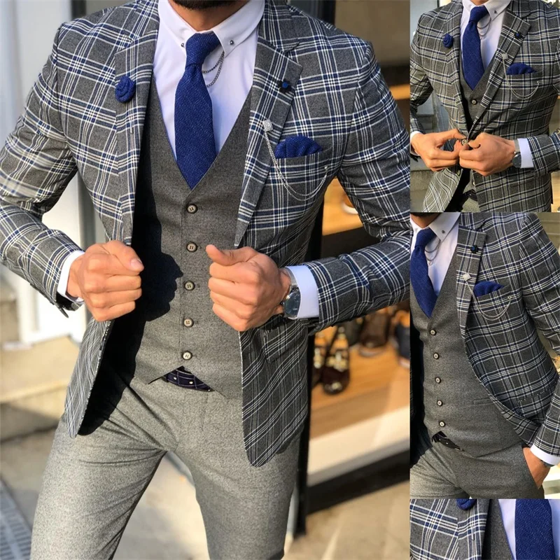 

Мужские костюмы из 3 предметов, серые, в клетку, в современном модном стиле, костюмы для вечеринок с отворотами под заказ, свадебный смокинг, пиджак + брюки + жилет