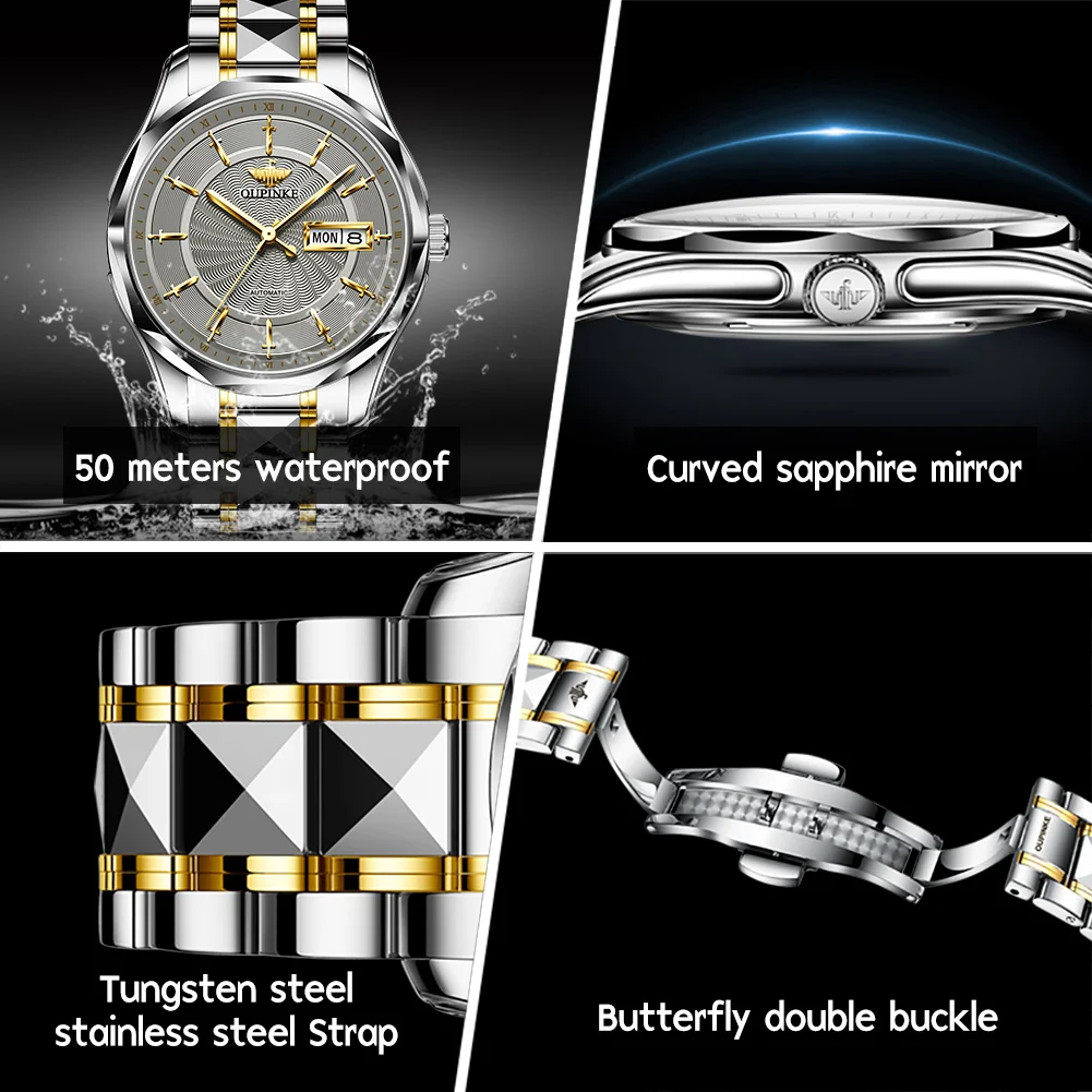 

OUPINKE Mens Mechanical Watches Automatic Luxury Brand Business Tungsten Steel Waterproof WristWatch Men Fashion Clock