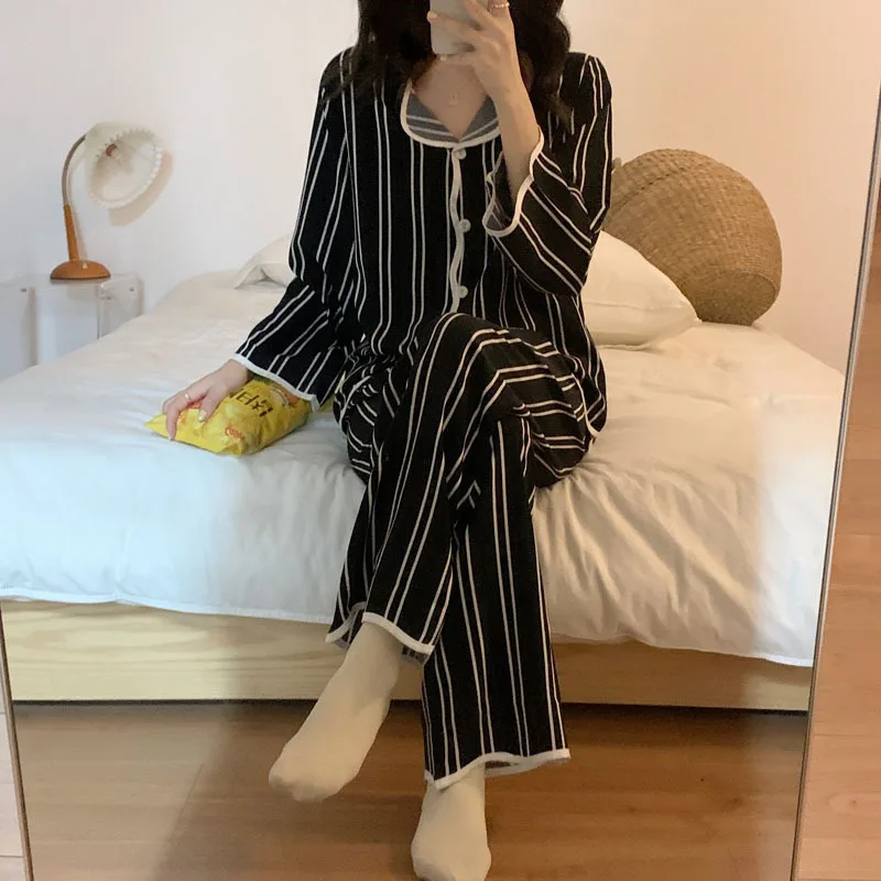 QWEEK Women's Home Clothes Pajama Sets Striped Cartoon Print Loose Pyjamas Home Wear Summer Pijama Lounge Wear Sleepwear Silk