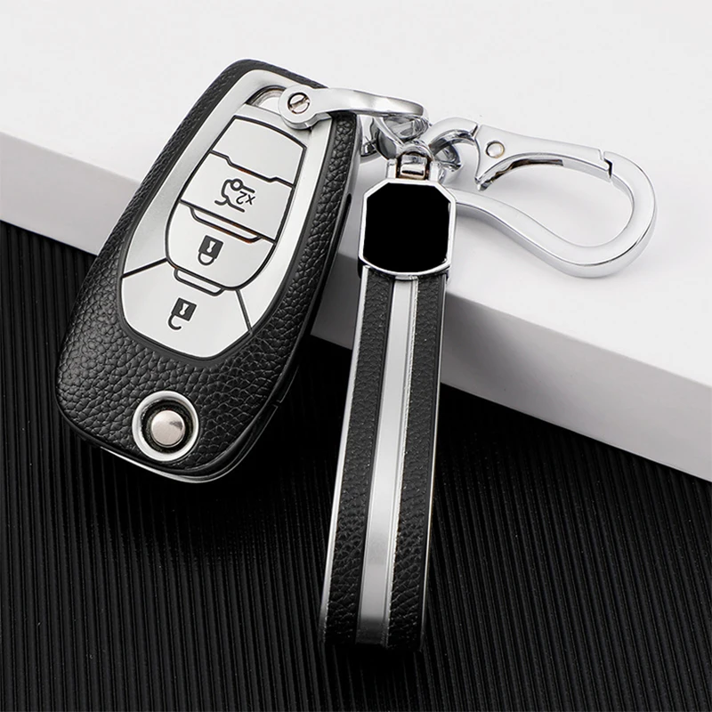 

TPU+Leather 3 Button Car Key Case Cover For Chevrolet Aveo Cruze 2014 2015 2016 2017 2018 2019 2020 Remote Case Protect Keychain