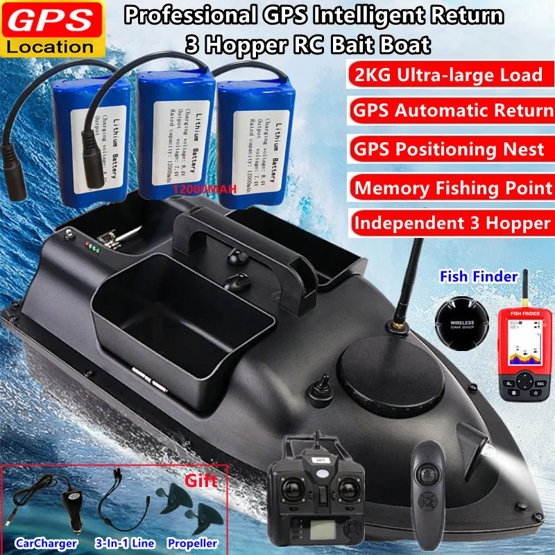 

GPS Auto Return Independent 3 Hopper Control RC Bait Boat 2KG Load 500M Sonar Finding Fish Level 7 Wind Resistance RC Nest Boat