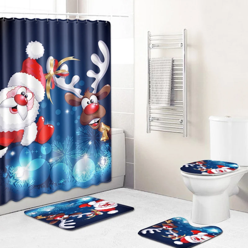 

Christmas Shower Curtain Bathroom Toilet Mat Cover Rug Set Household Supplies