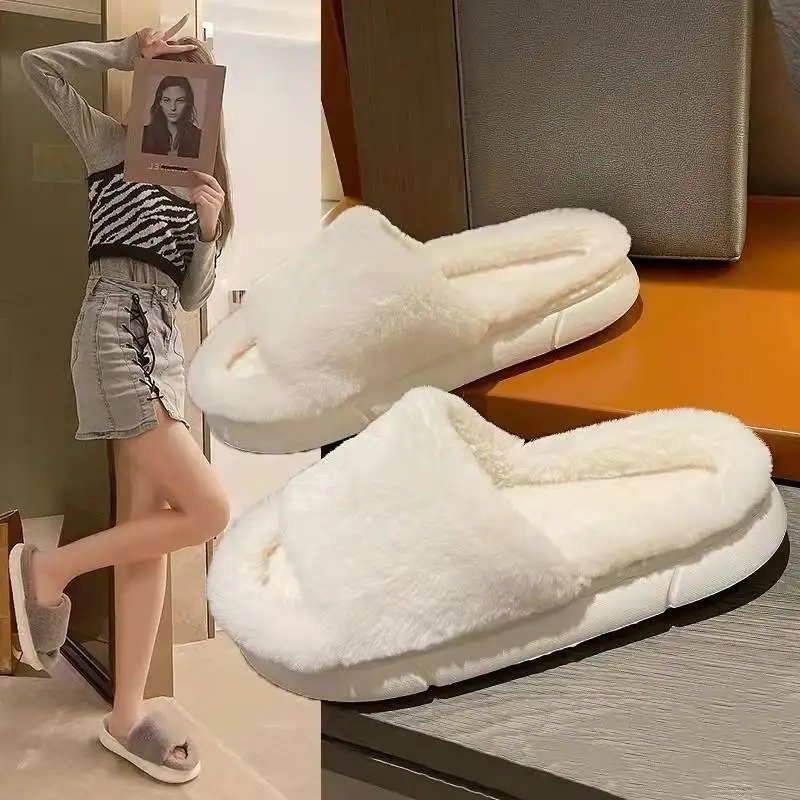 

Women Winter Cotton Warm Fluffy Slippers Fashion Shoes Female Slip on Flat Indoor Home Non-slip Slides Plush Outdoor Casual Shoe