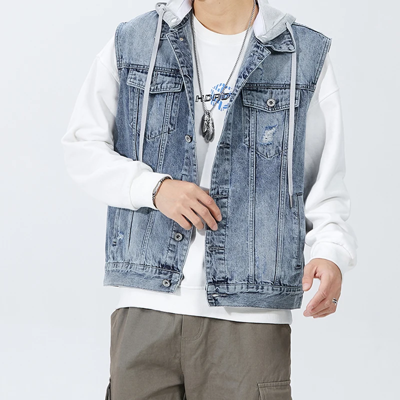 

Spring and Summer New Mens Denim Vest Jacket Cotton Hoody Cowboy High Quality Jeans Waistcoat Slim Fit Tank Plus Size Outerwear