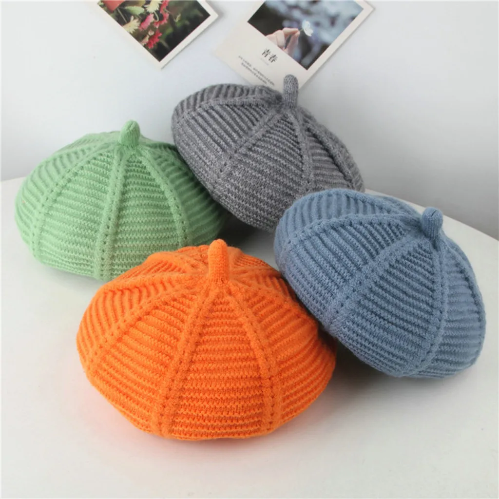 Детский берет gorras, одноцветная полоска, шерстяная вязаная шапка в виде тыквы, boalar shlyapa Sombrero de nigno Czapka dziecienca sea4