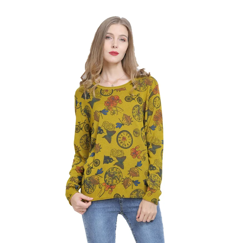 

Vintage Print Winter Sweater Women Pullovers Knitted O-Neck Oversized Jumper Warm Tops High Elastic Pull Femme