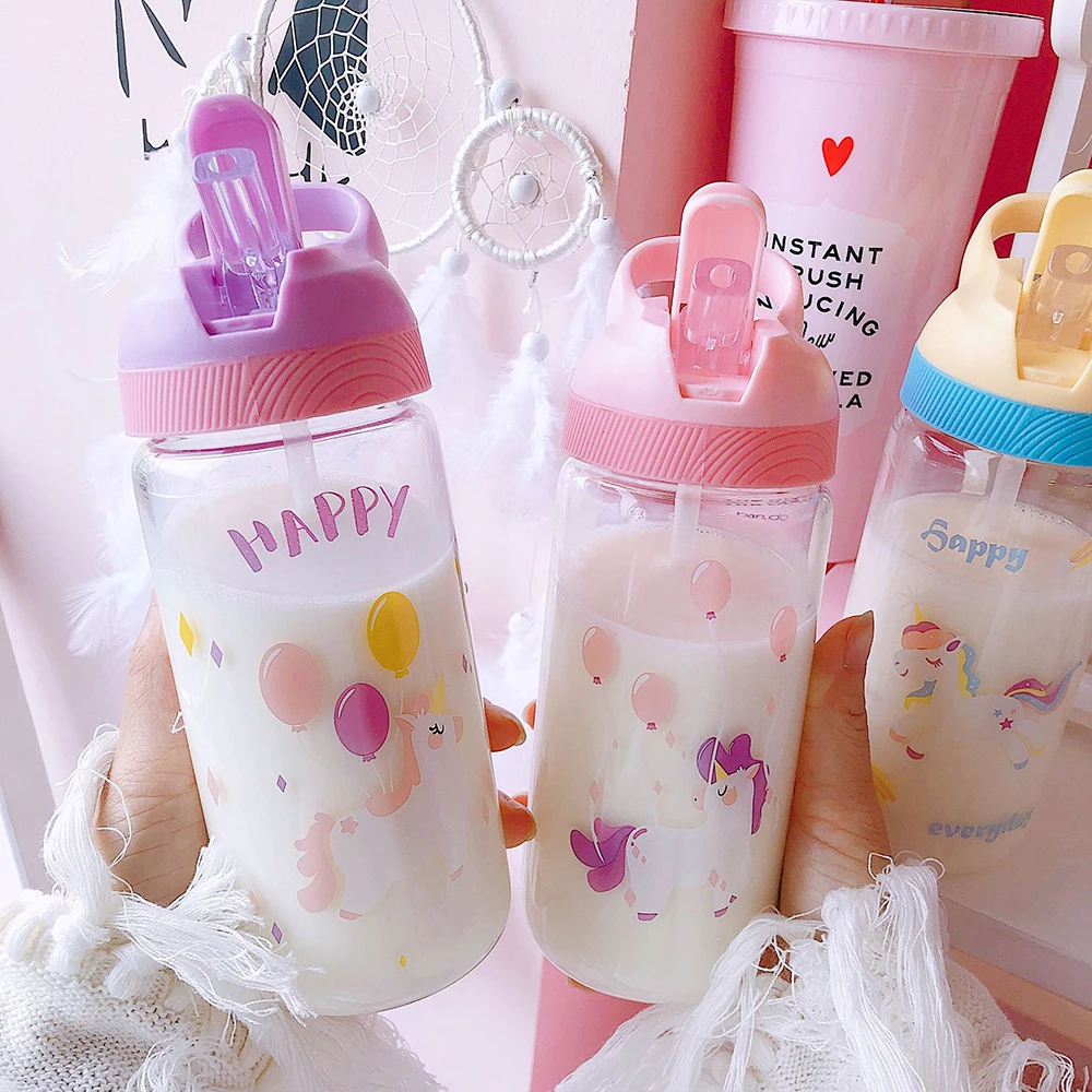 Новинка 500 мл милая мультяшная стеклянная бутылка для воды с единорогом и