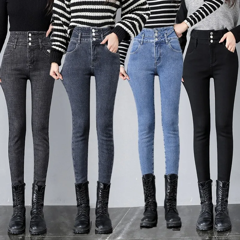 

GUUZYUVIZ Winter Thicken Velvet Stretch Skinny Jeans Woman High Waist Denim Warm Pencil Pants Plush Vaqueros De Mujer
