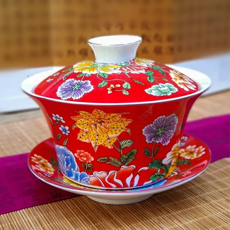 300 мл цветной Sancai Gaiwan яичная скорлупа из костяного фарфора чайная чашка и блюдце набор керамических чайных чашек с восьми сокровищами