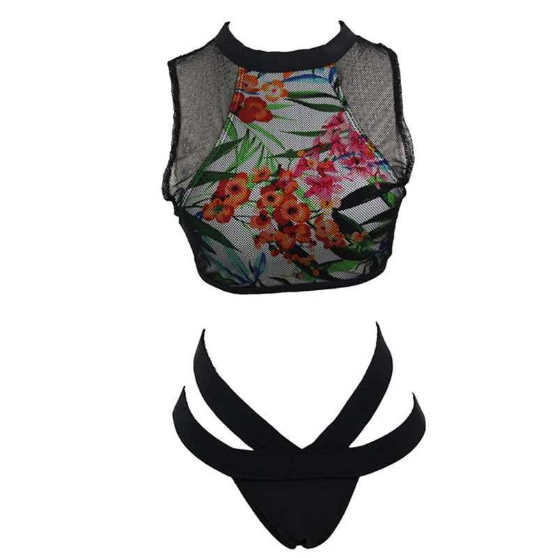

Women's Swimsuit High Waist Two-piece Set Split Flower Pattern Sexy Bikini Swimwear Hollow Mesh Hollow Open Back Lace Edge