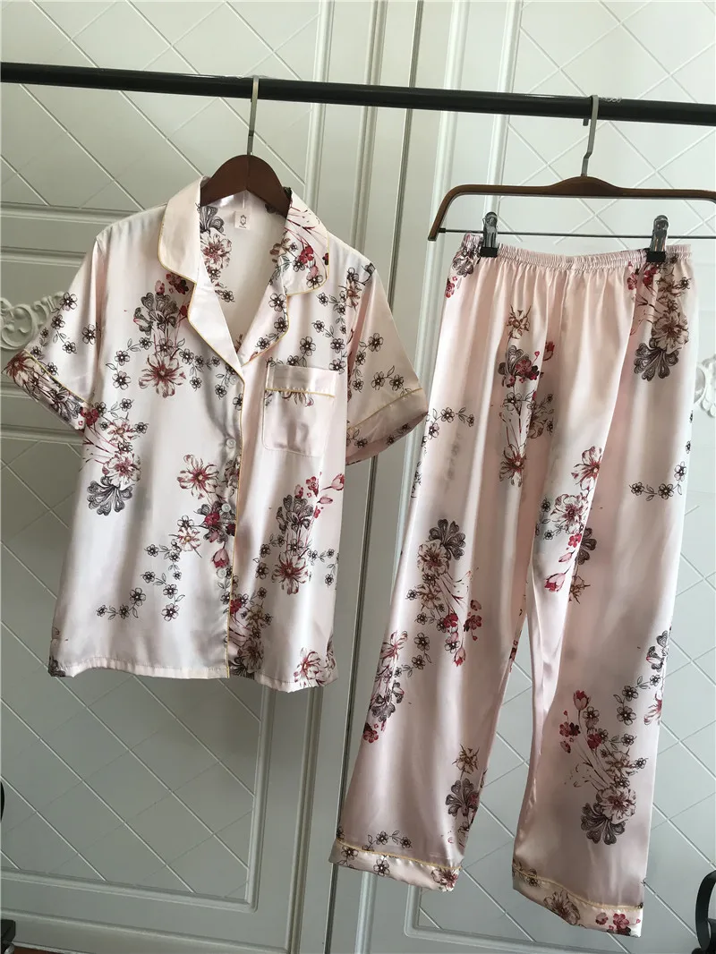 Женская шелковая атласная пижама пижамный комплект с коротким рукавом Пижама