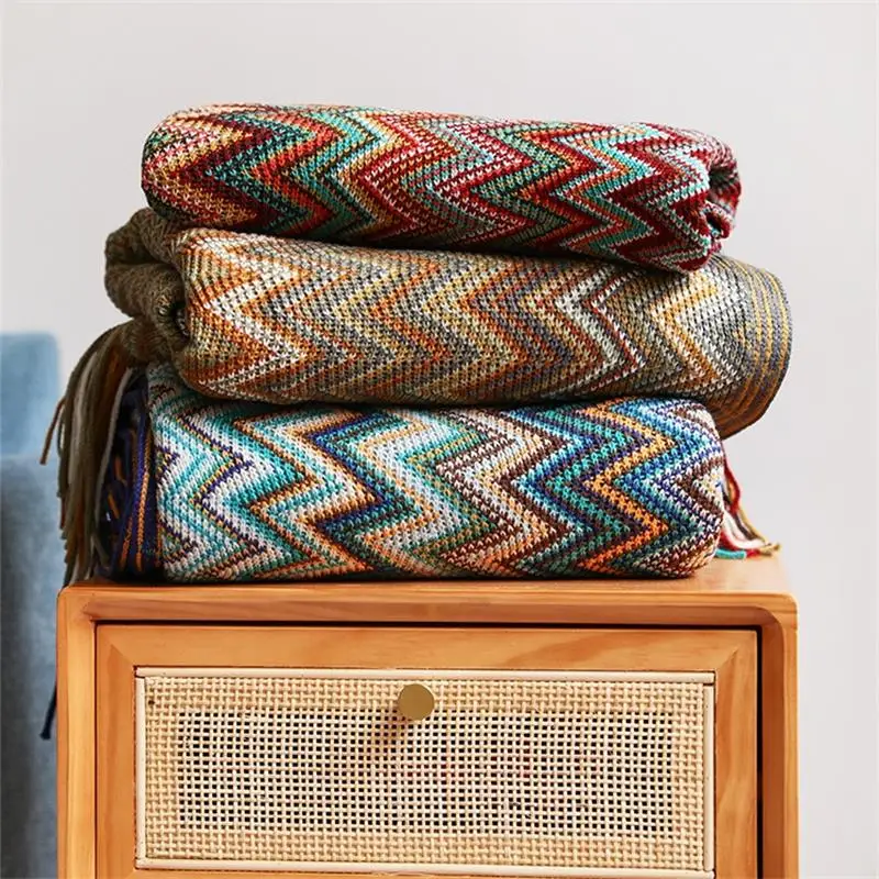 Bohemian Acryl Gestrickte Gestreifte Decke Weiche Plaid Decke Sofa Dekorative Werfen Decken mit
