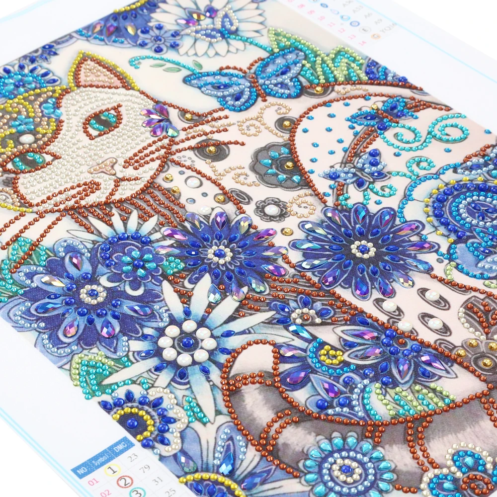 Алмазная картина в специальной форме с котом и голубым цветком DIY 5D Набор для