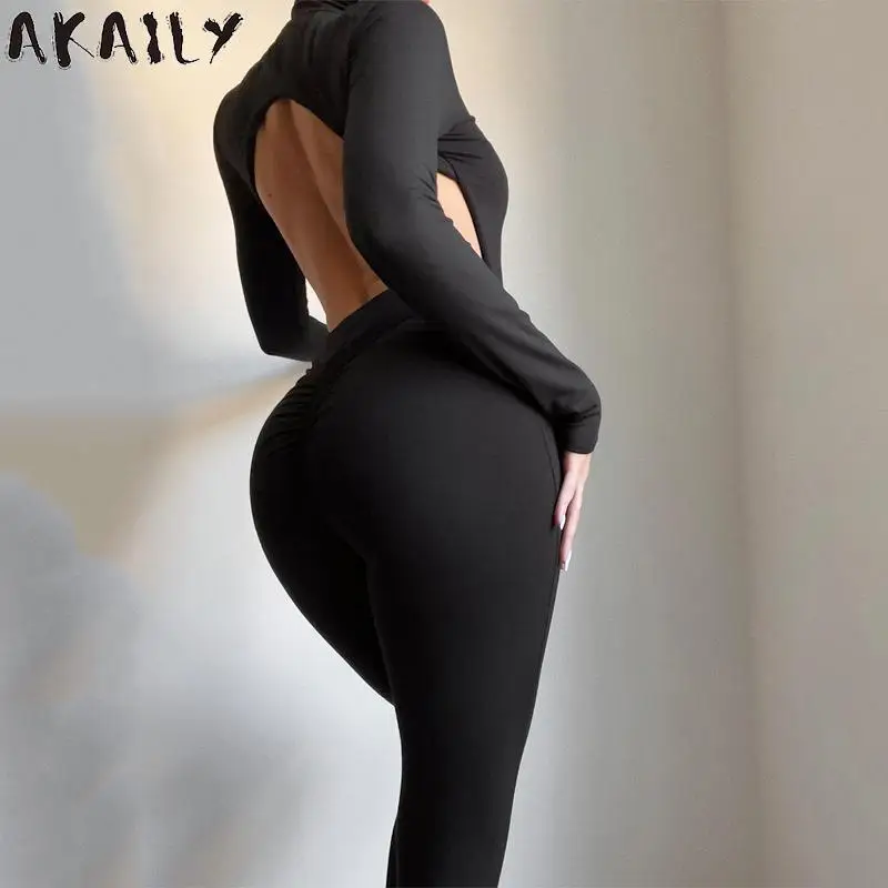 

Akaily, белый комплект из 2 предметов с открытой спиной, женская сексуальная верхняя одежда 2021, черные боди с длинным рукавом и длинные брюки, ко...