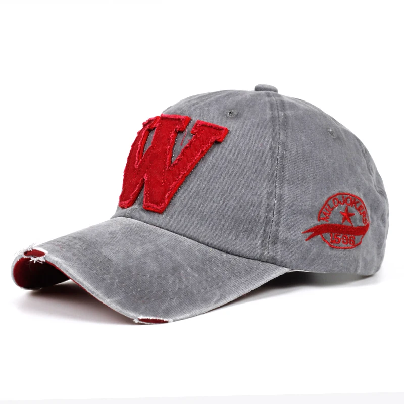 new cotton letter W Baseball Cap retro outdoor sports caps women bone gorras curved fitted washed vintage dad hats for men - Цвет: Серый