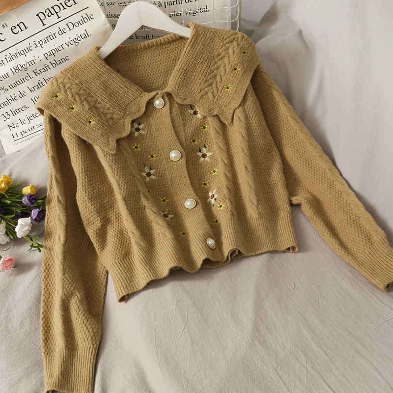 

Fall 2020 sweet new brief paragraph sweater coat lapel retro embroidery woman long-sleeved single-breasted sweater