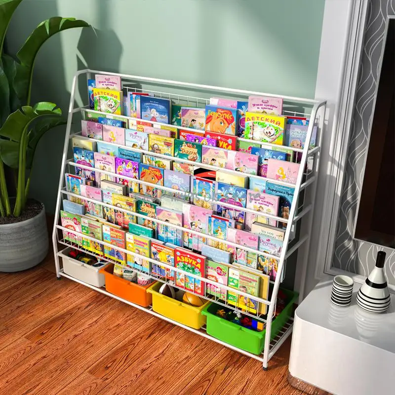 Переносная книжная полка стеллаж из кованого железа для хранения напольный