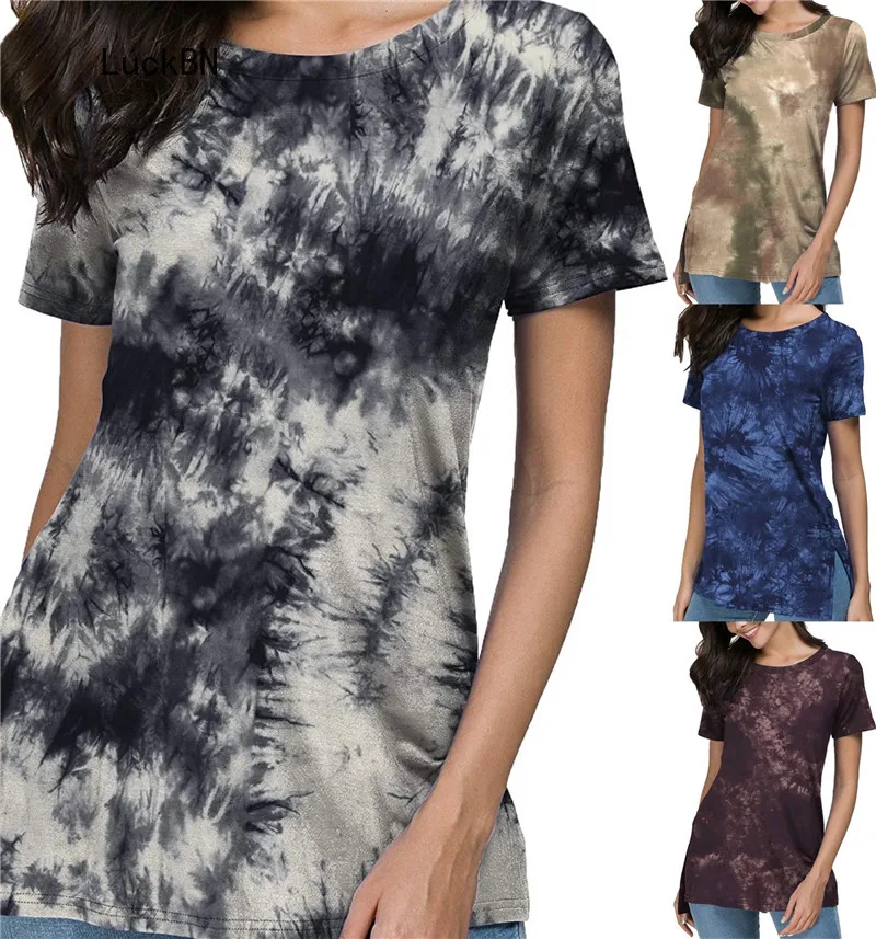 

2021 Women Summer T Shirt Tie Dye Print Casual O-Neck Short Sleeve Tee Fashion Loose Female Split Fork Streetwear Tops T Shirts