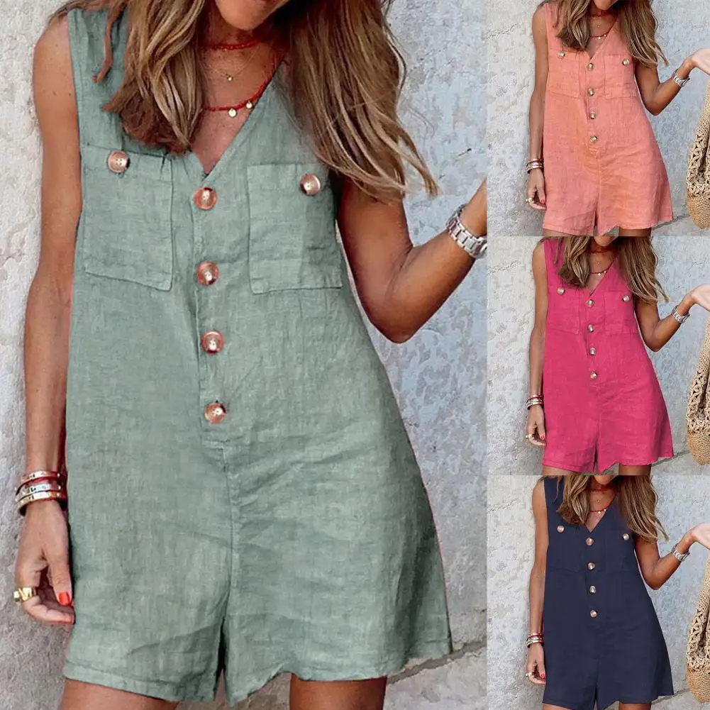 

Jumpsuit Casual Sleeveless Buttons Pockets Romper Lady Vest Jumpsuit Loose for Daily Wear