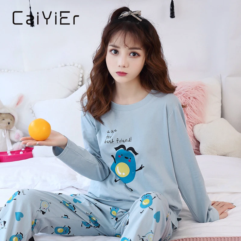 

CAIYIER Autumn Winter Women Cotton Pajamas Set Cute Avocado Girls Nightwear Soft Leisure Long Sleeve Female Sleepwear Loungwear