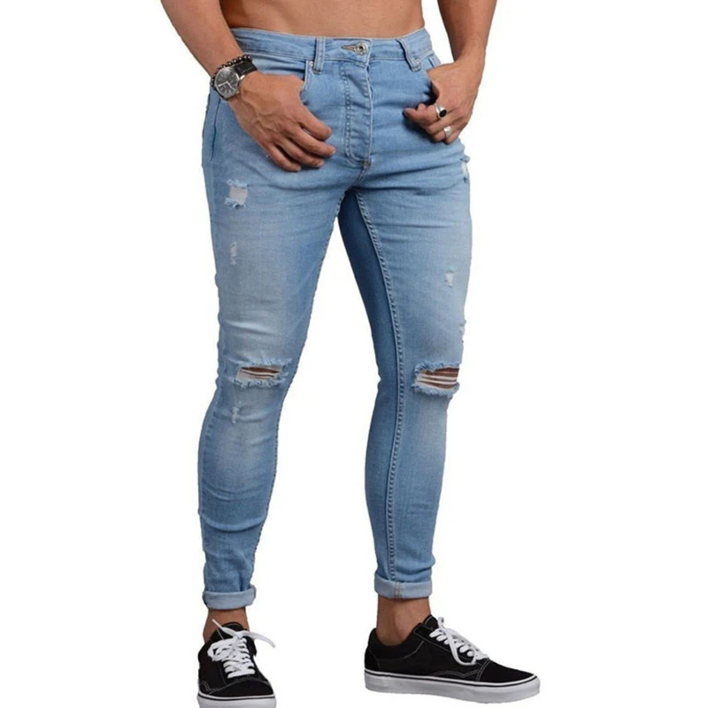 

Men Jeans Knee Hole Ripped Stretch Skinny Denim Pants Solid Color Black Blue Autumn Summer Hip-Hop Style Slim Fit Trousers