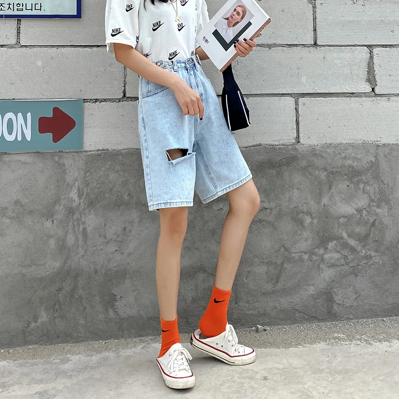 Винтажные синие джинсовые шорты женские свободные рваные джинсы с высокой