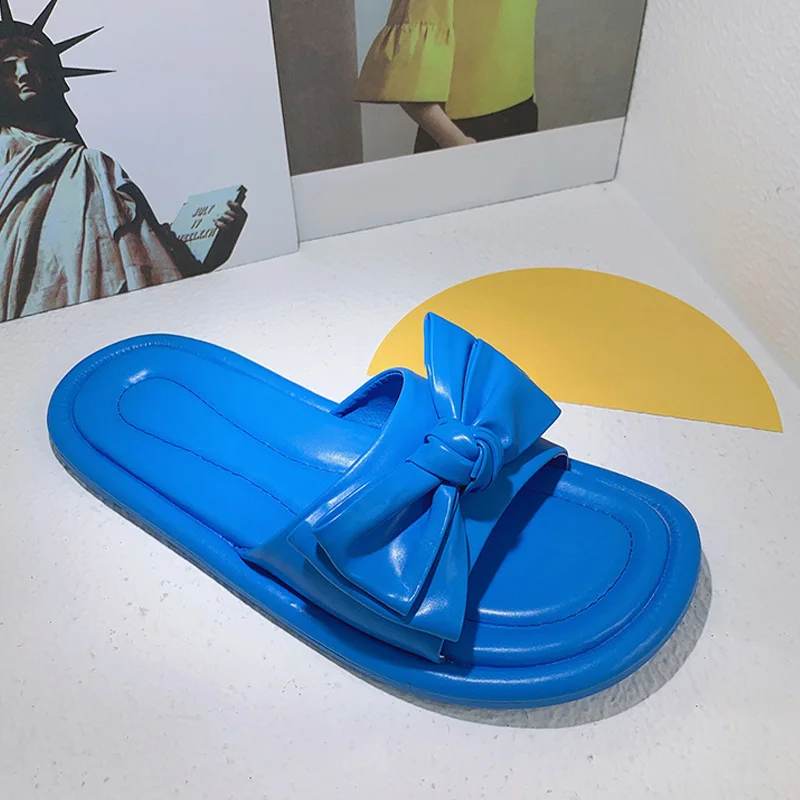 

Women's Slippers PU Butterfly Knot Solid Flat Female Slides Fashion Comfortable Classics Outside Leisure Ladies Summer Shoes