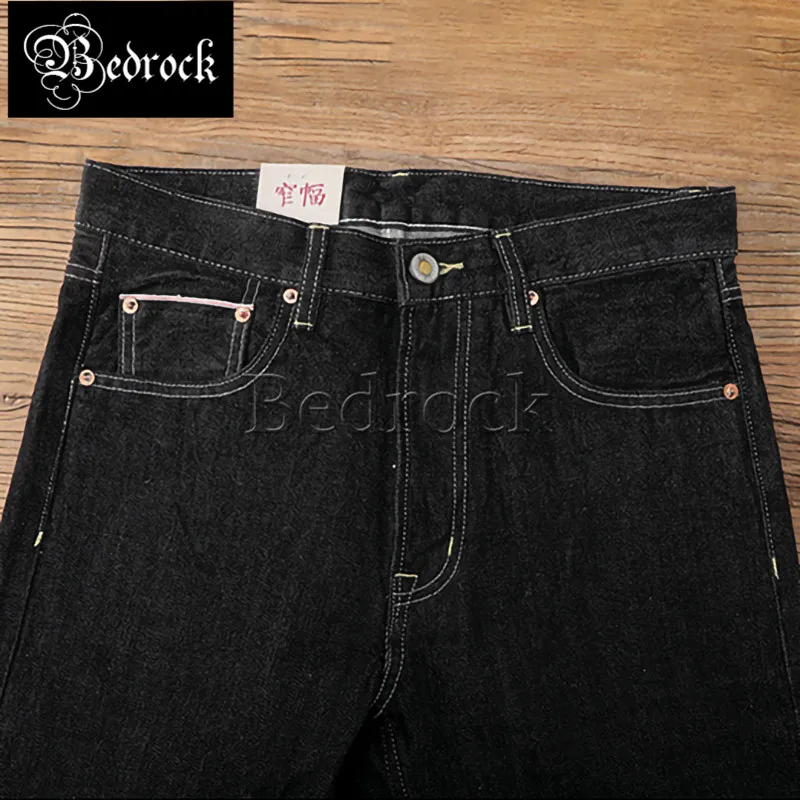 MBBCAR 14oz horse fur leather brand jeans men's slim black pencil pants vintage paris buckle Raw Denim one washed jeans 7306