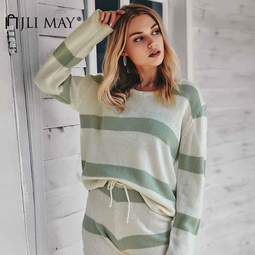 

JLI MAY Women Striped Sweater Sets Knitted O-neck Long Sleeve Sweaters and Drawstring Shorts Two Piece Set