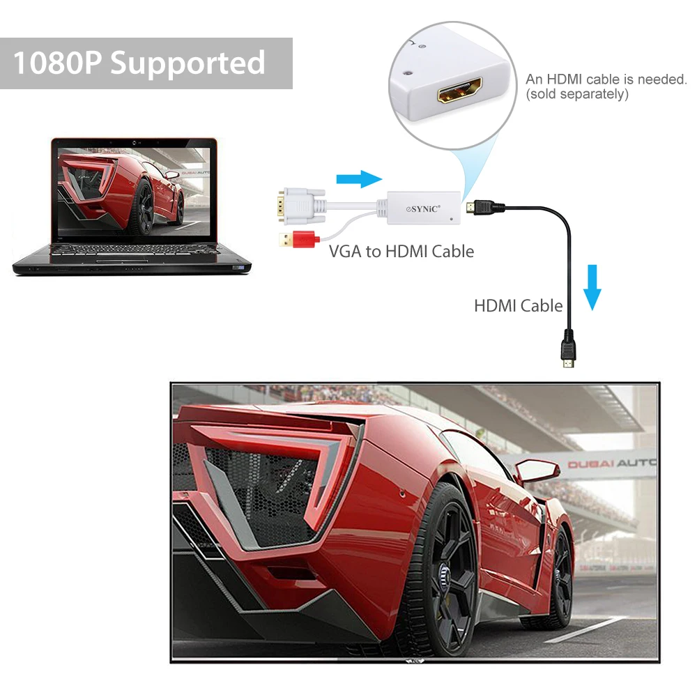 ESYNiC новый VGA Мужской к HDMI Женский Кабель с USB аудио поддержка кабель Белый для HDTV STB